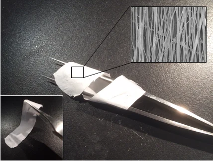 CRAM Implantable Stimulator Device showing piezoelectric material and insert image of fibre scaffold taken using a scanning elec
