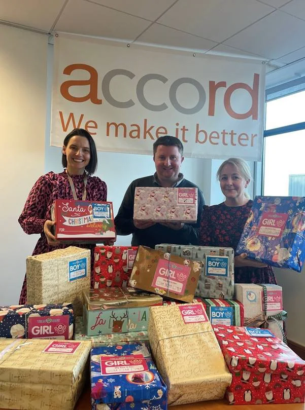 Pictured are members of the Accord Healthcare Ireland Team who have filled shoe boxes for the Team Hope Christmas shoebox appeal